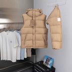Beige long puffer jacket with hood, front zip and snap placket, Burberry label