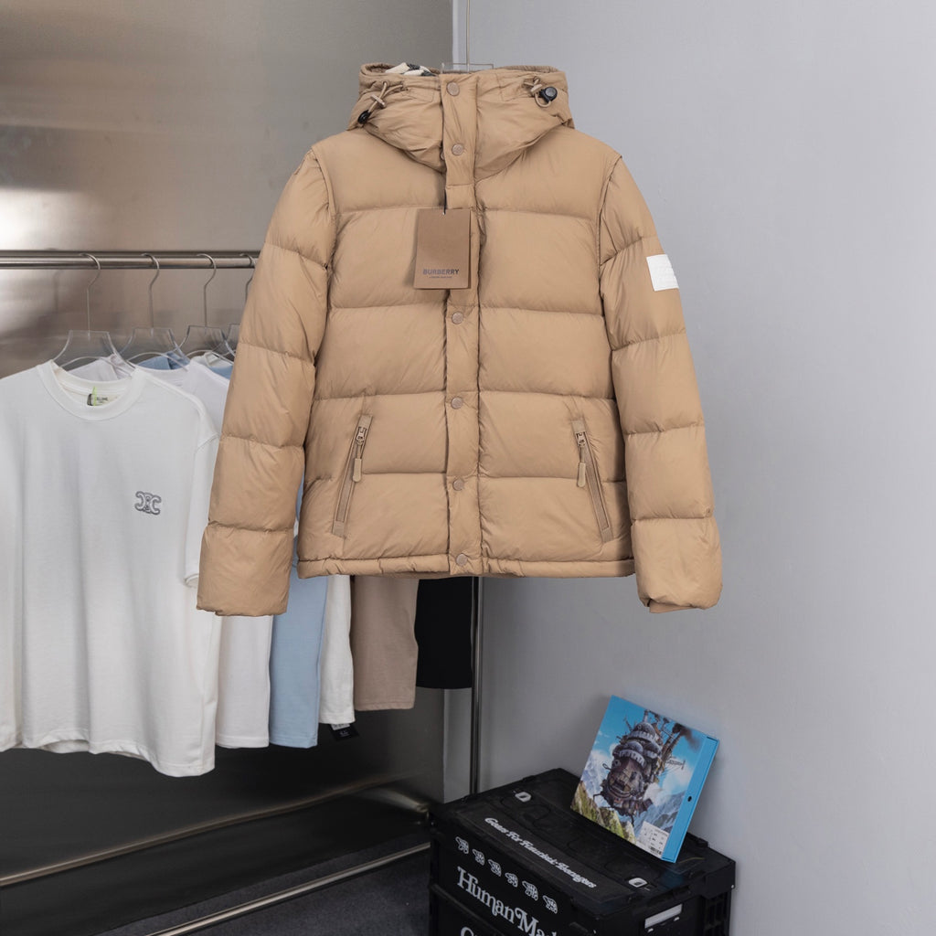 Beige long puffer jacket with hood, snap front, Burberry label