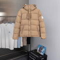 Beige long puffer jacket with hood, snap front, Burberry label