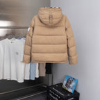 Beige long puffer jacket with hooded back, Burberry label