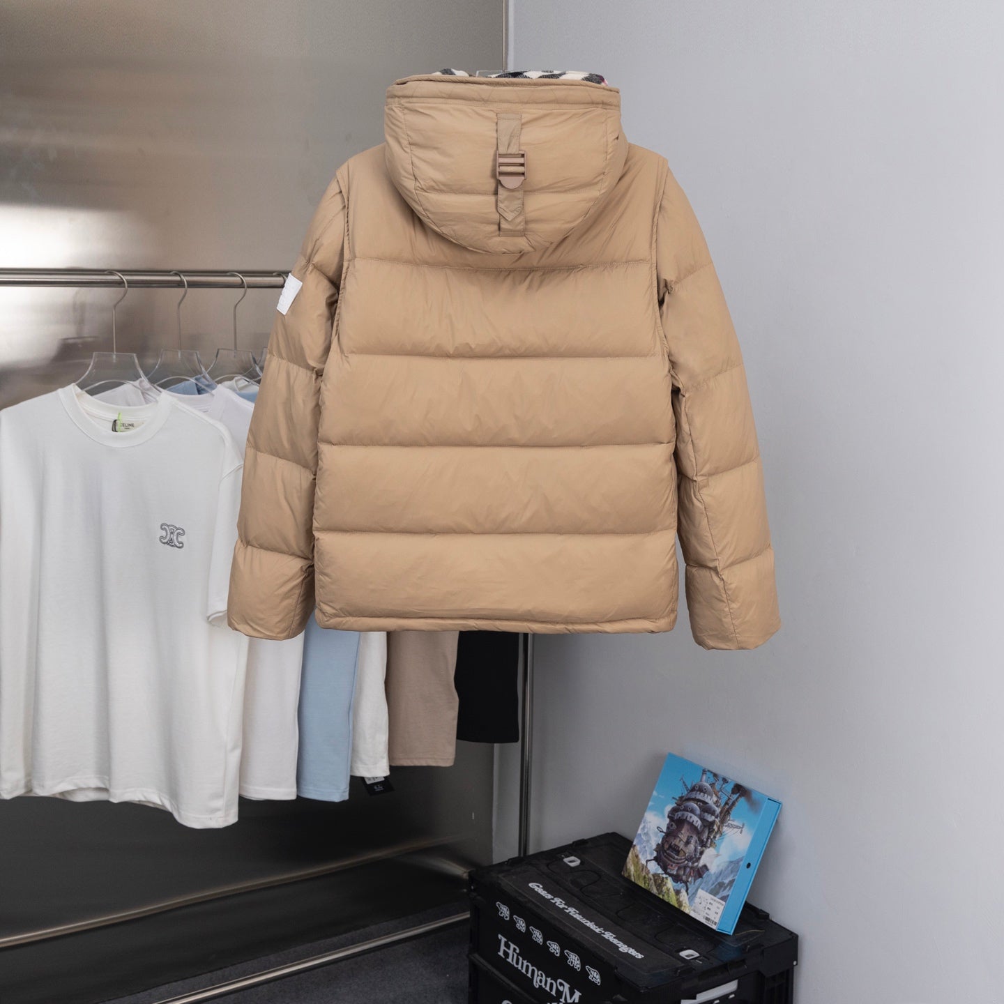 Beige long puffer jacket with hooded back, Burberry label