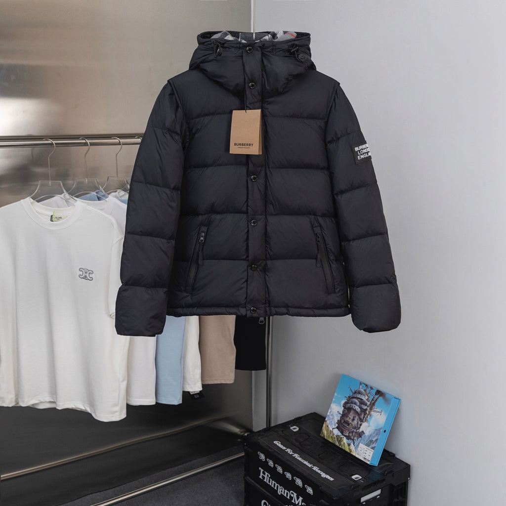 Burberry hooded long puffer jacket in black, full front buttons and zip closure
