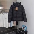 Burberry hooded long puffer jacket in black, full front buttons and zip closure