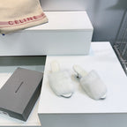Balenciaga white faux fur slide sandals, open toe, low stiletto heel