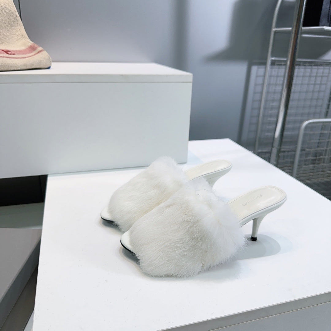 Balenciaga white faux fur slide sandal, open toe, slim low heel