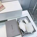 Balenciaga white faux fur slide sandals, open toe, low stiletto heel in box