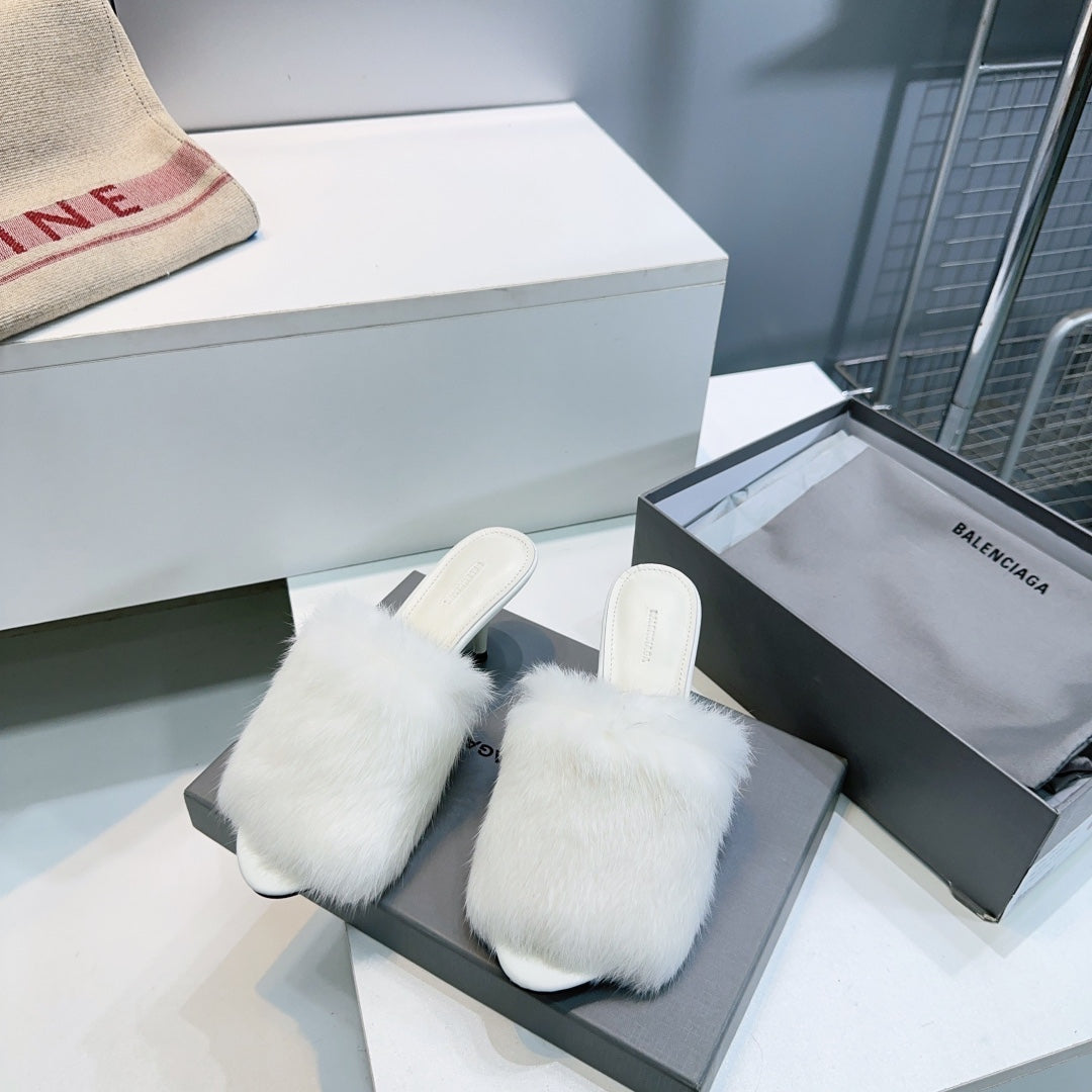 Balenciaga white faux fur slide sandals with low heels, open toes