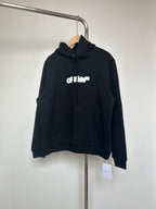 Off White hoodie with front logo, drawstring hood, kangaroo pocket