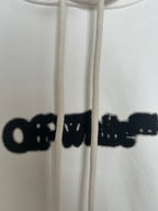 Off-white hoodie logo print with hanging drawstrings and hood opening