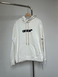 Off-white pullover hoodie with front pocket and black logo print, drawstring hood