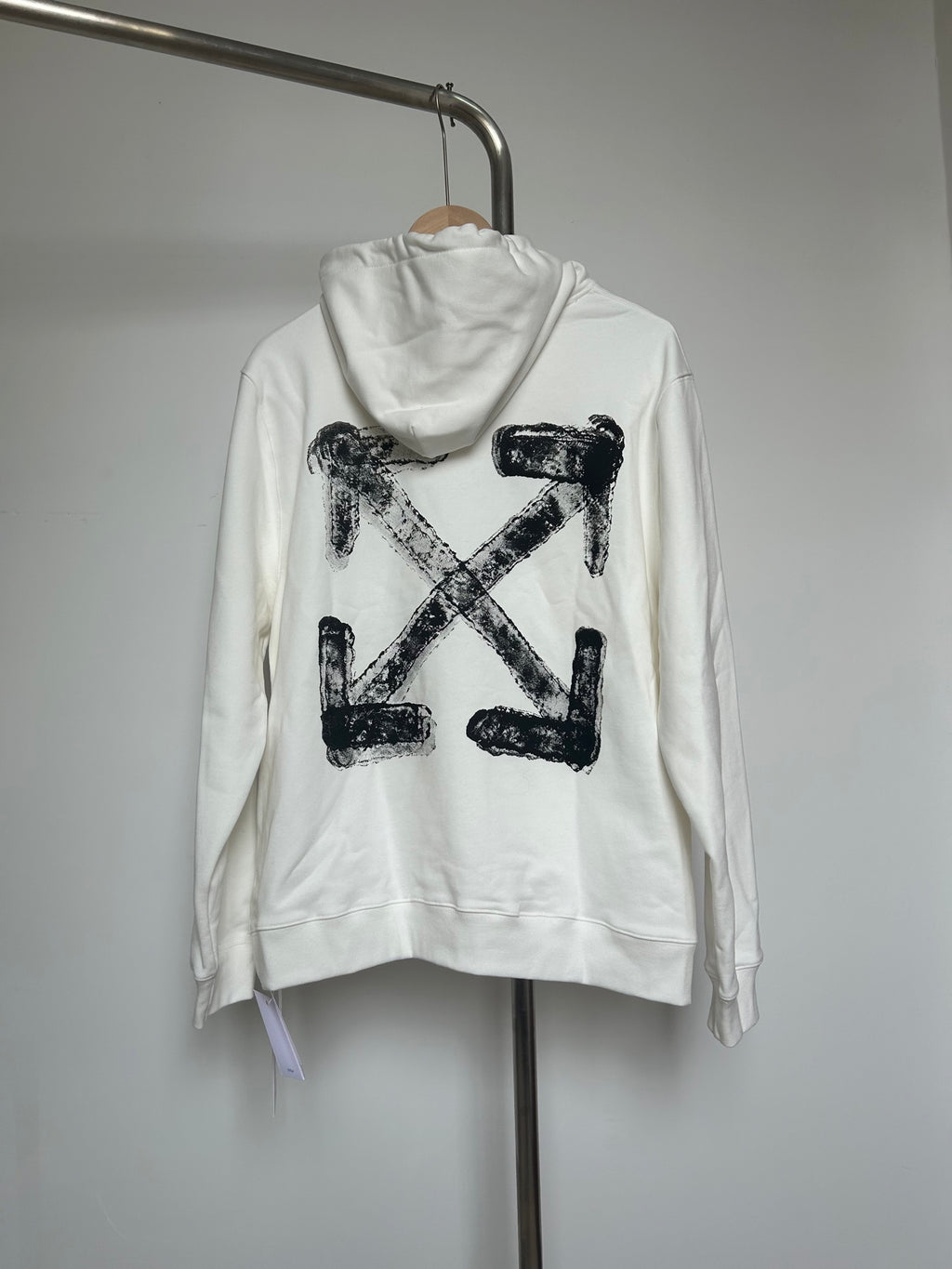 Off-white pullover hoodie with large black X back print and drawstring hood