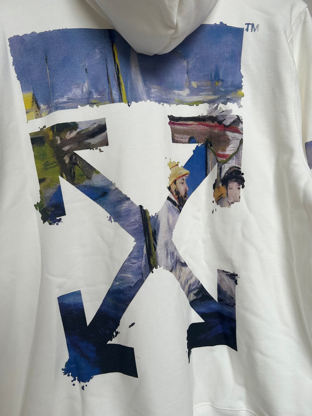 Off-White hoodie front graphic with blue and tan abstract artwork
