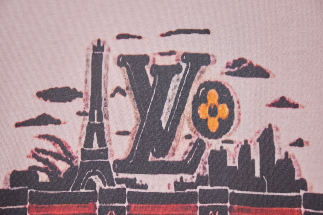 Light pink T-shirt with LV monogram and multicolor graphic print detail