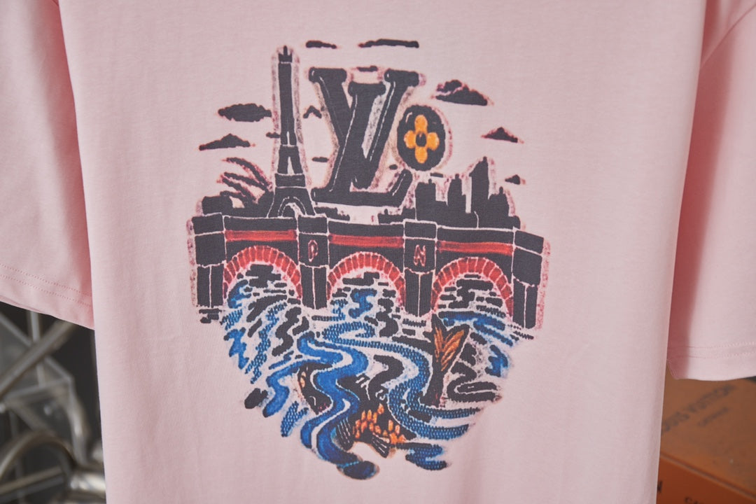 Light pink T-shirt with large LV-style multicolor graphic print