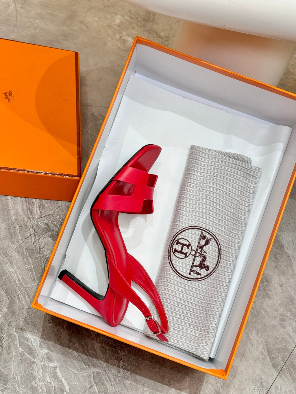 Hermes red open-toe high-heel slingback sandals with fabric dust bag