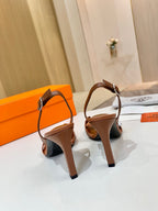 Hermes women’s leather heeled sandals, tan with ankle strap and high heel