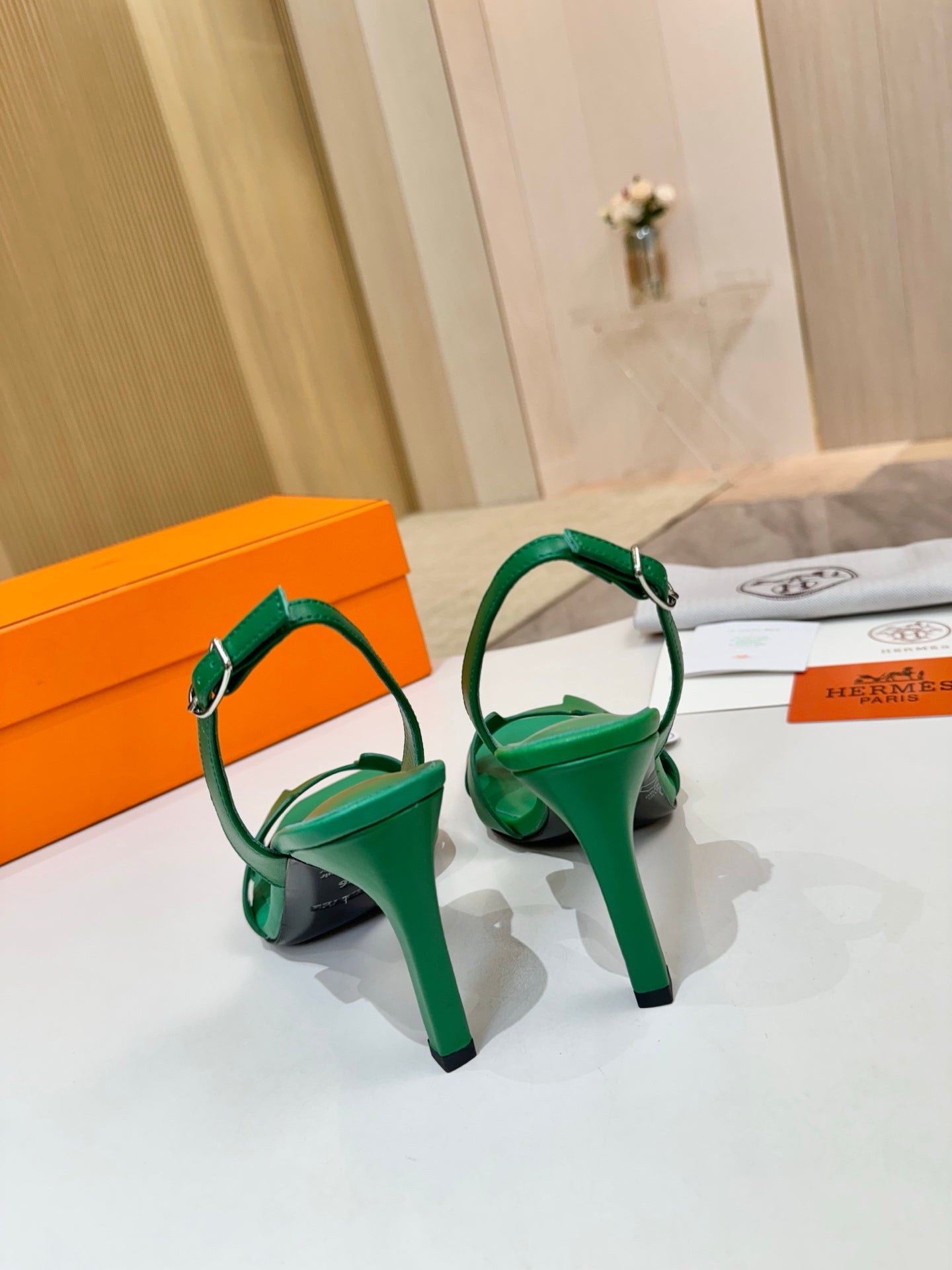 Green high-heel slingback sandal with adjustable ankle strap