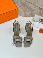 Hermes heeled sandals, light gray leather, with cutout strap and block heel