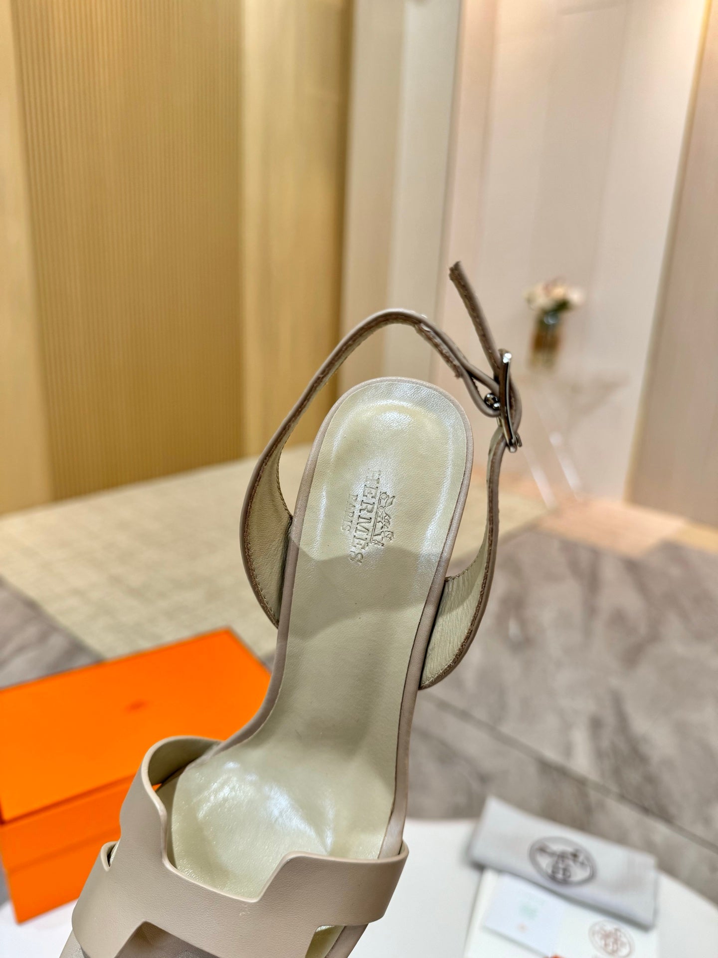 Hermes light beige heeled sandals with slingback ankle strap and open toe