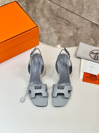 Hermes ladies heeled sandals, light blue, open toe, ankle strap; pair top view
