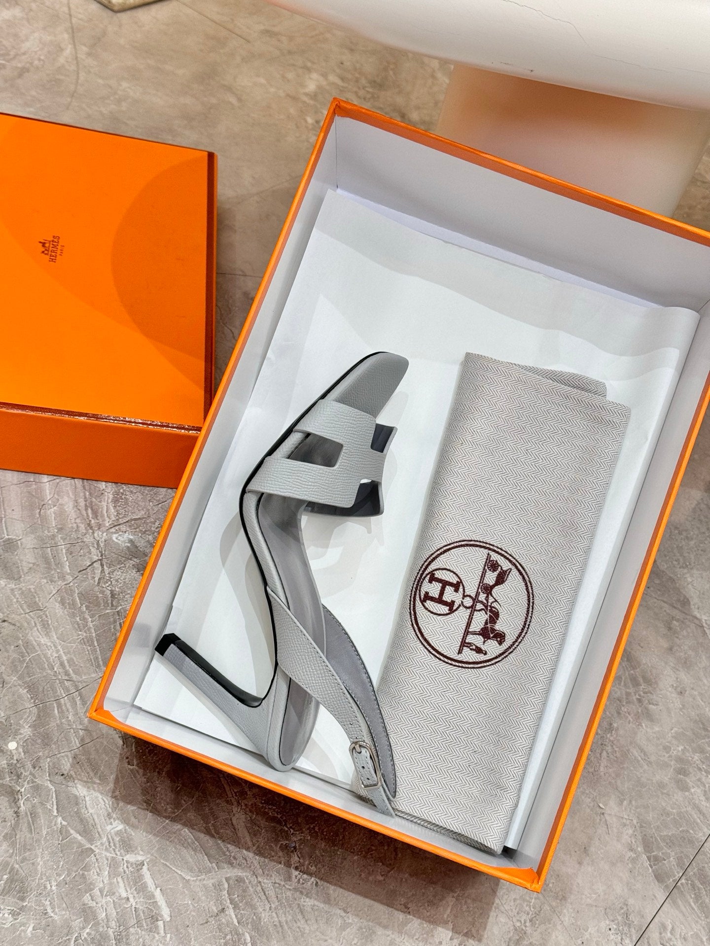 Hermes ladies heeled sandal with dust bag in light blue inside orange gift box