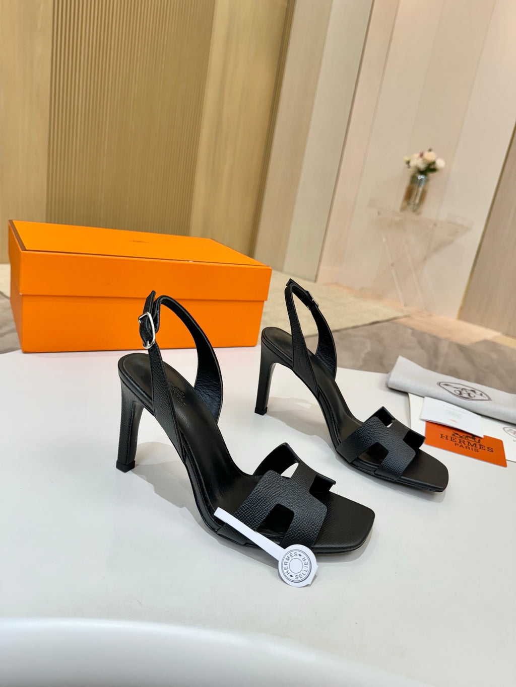 Hermes black heeled slingback sandals with double strap design