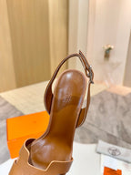 Brown leather heeled sandal upper with ankle strap and metal buckle