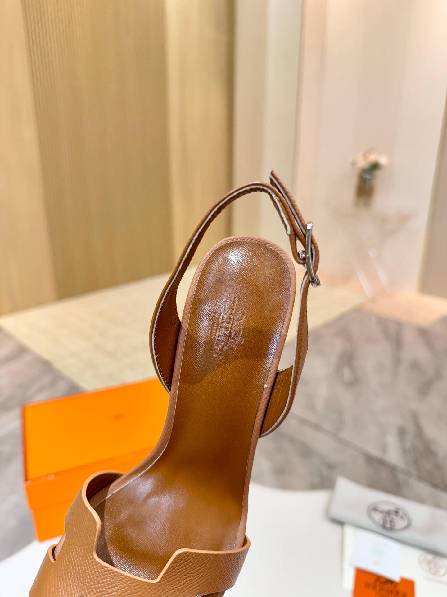 Brown leather heeled sandal upper with ankle strap and metal buckle