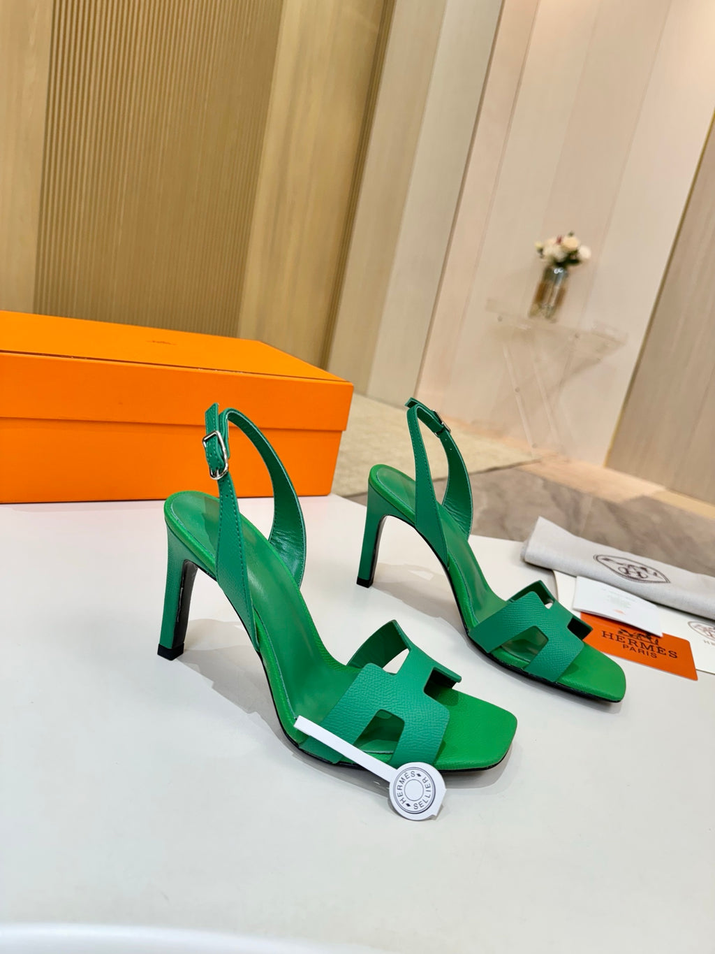 Hermes ladies green heeled sandals with ankle strap and stacked block heel