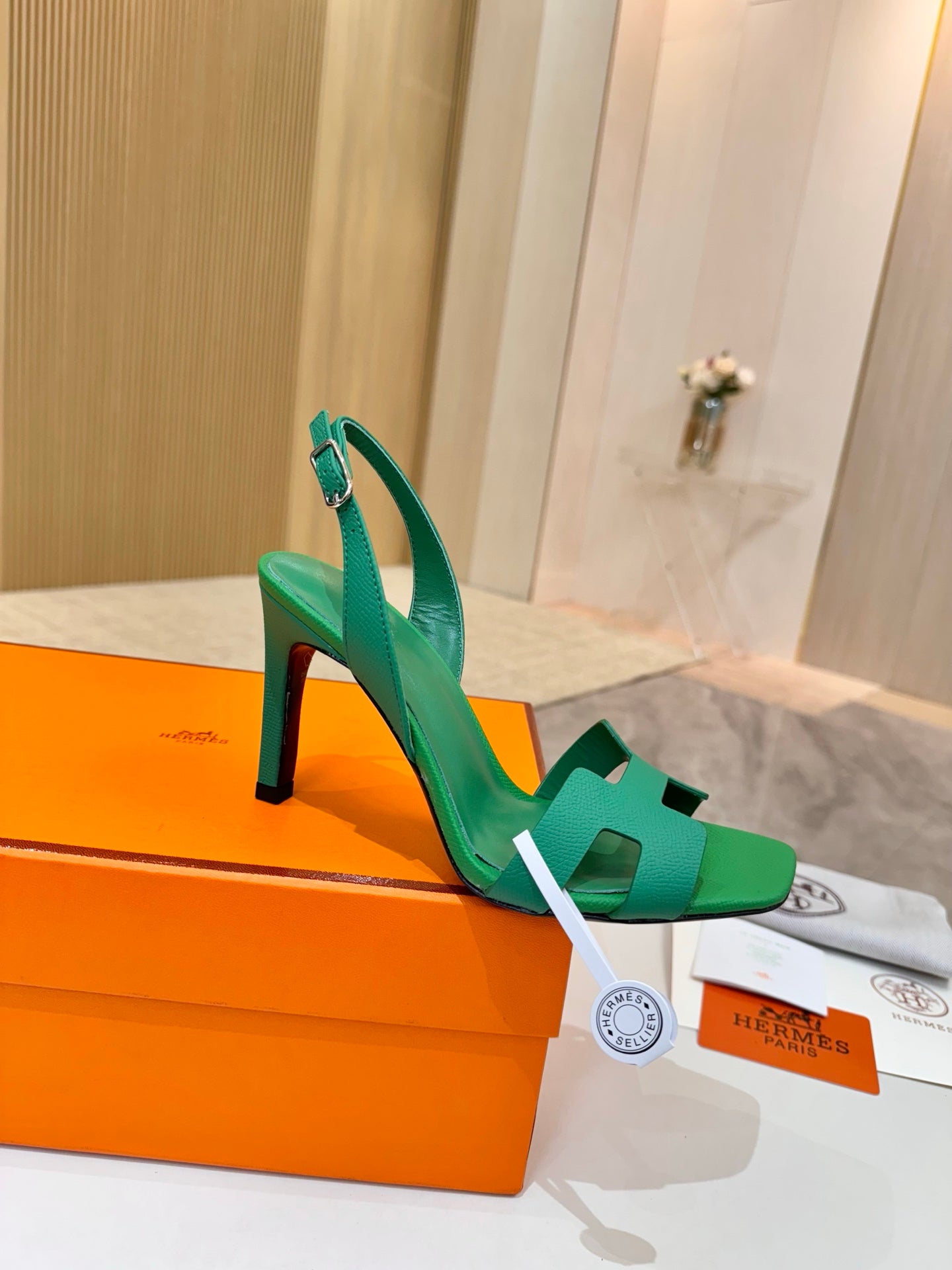 Hermes ladies green heeled sandals with ankle strap and open toe