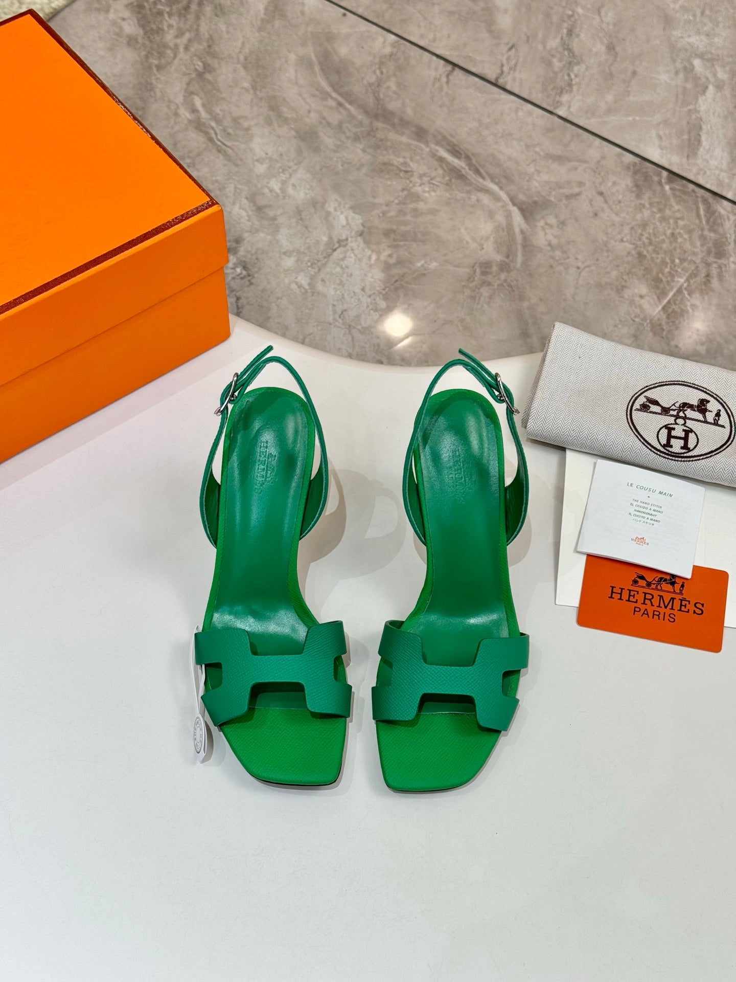 Hermes ladies green heeled sandals, open toe and slingback strap