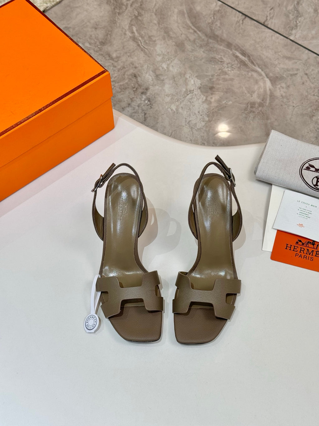 Hermes heeled sandals pair, light taupe, open toe and ankle strap detail
