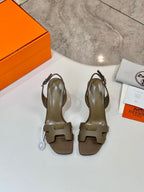Hermes heeled sandals pair, light taupe, open toe and ankle strap detail