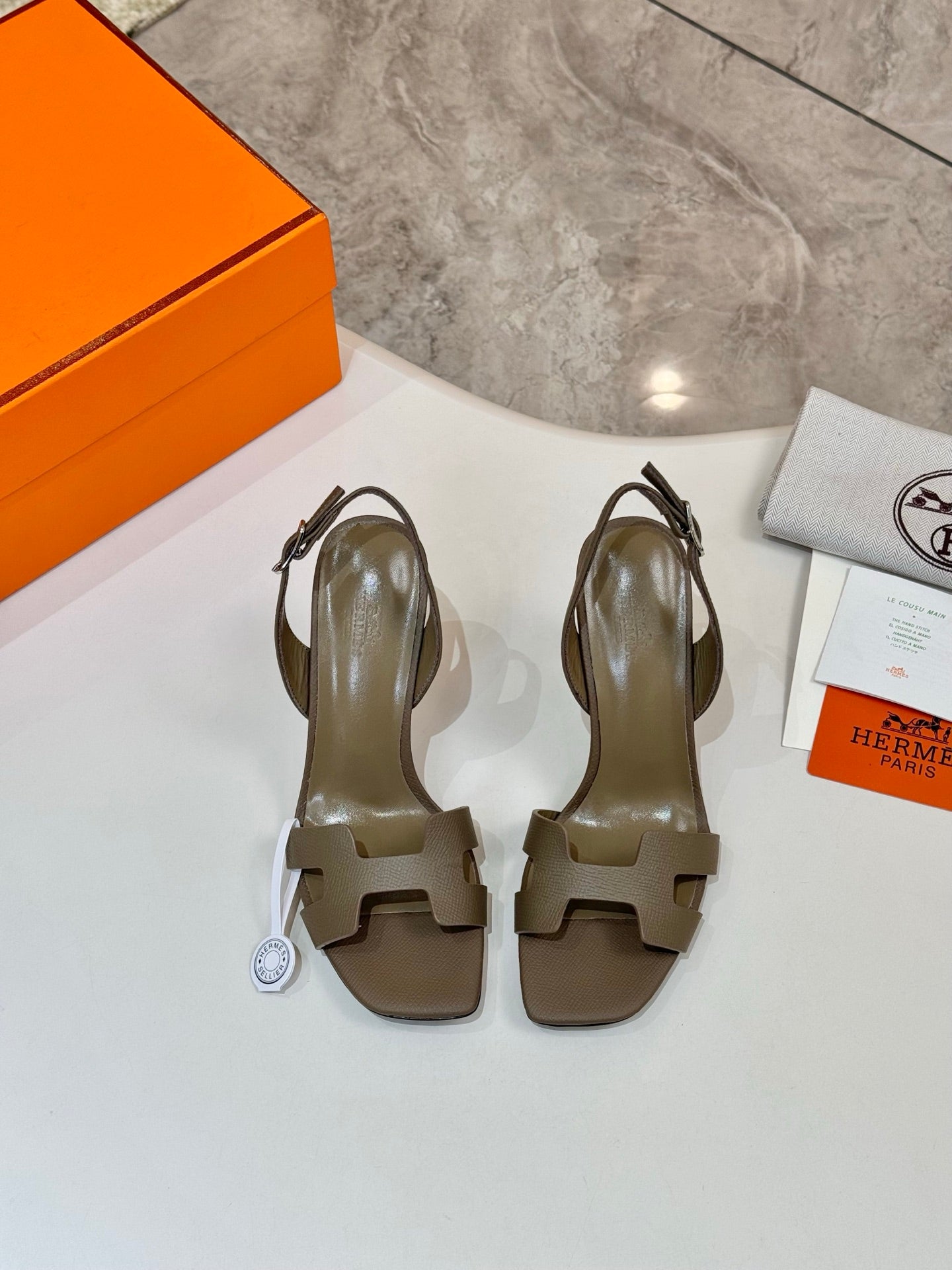 Hermes heeled sandals pair, light taupe, open toe and ankle strap detail