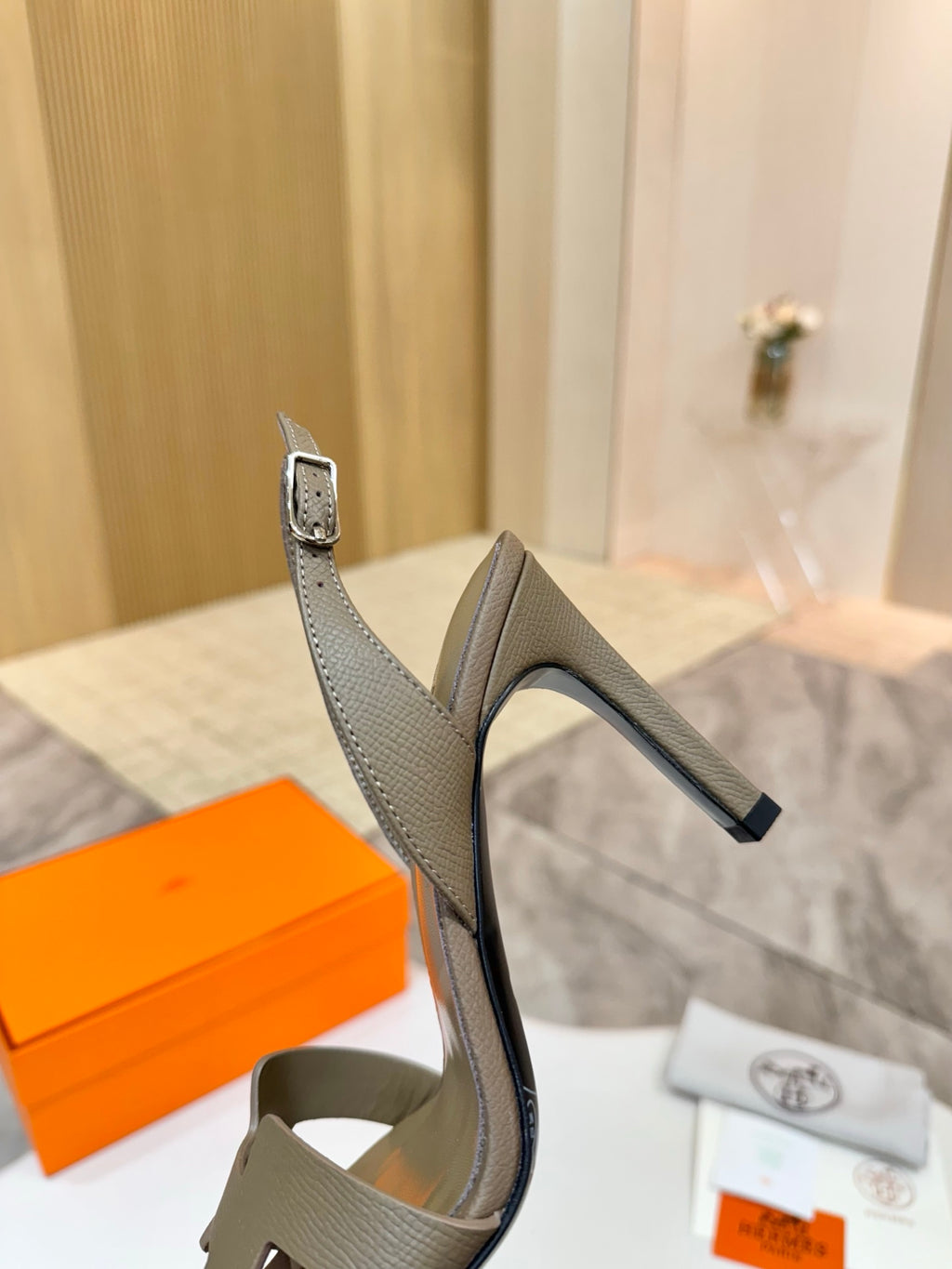 Hermes heeled slingback sandals in light taupe with textured straps
