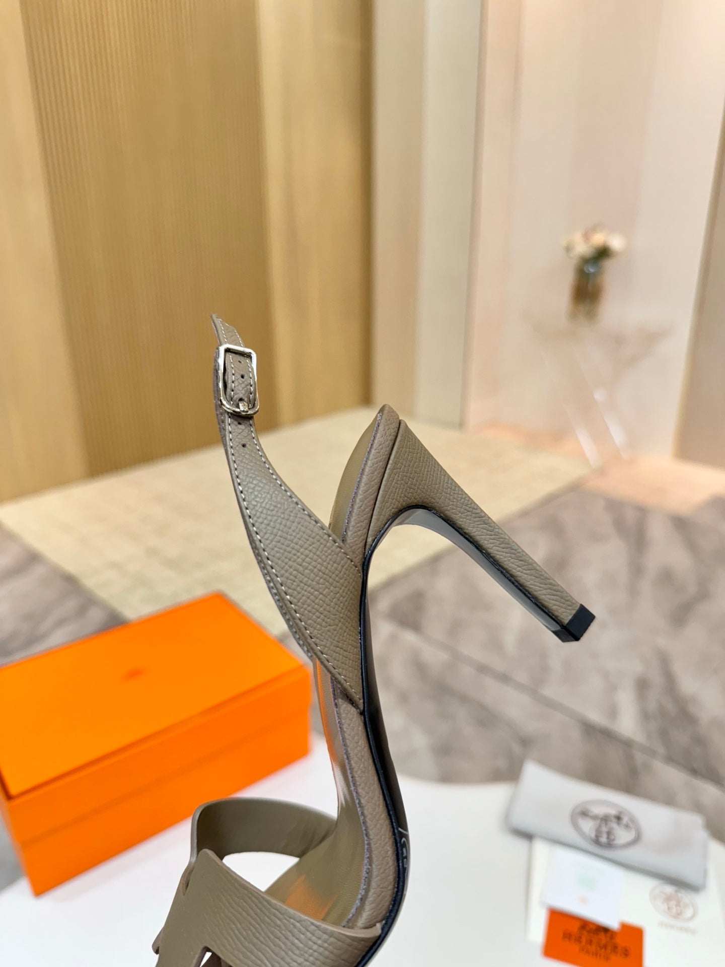 Hermes heeled slingback sandals in light taupe with textured straps