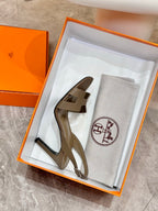 Hermes heeled sandals in box with dust bag, light taupe open toe
