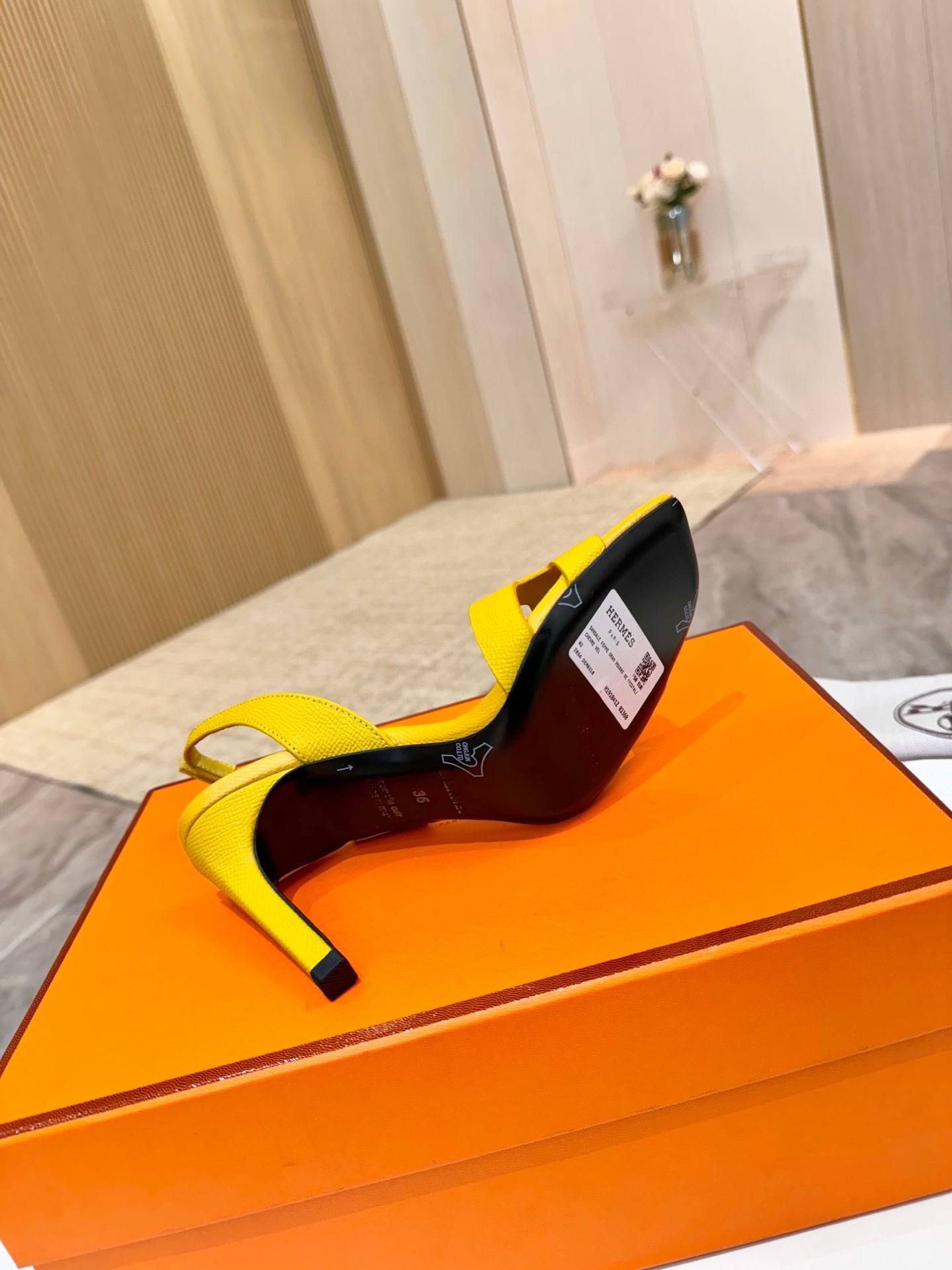 Hermes yellow leather heeled sandals with open toe and dark heel sole