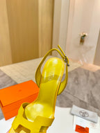 Hermes yellow leather slingback sandal with ankle strap and textured heel detail