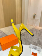 Hermes yellow leather heeled sandal with ankle strap and buckle strap detail