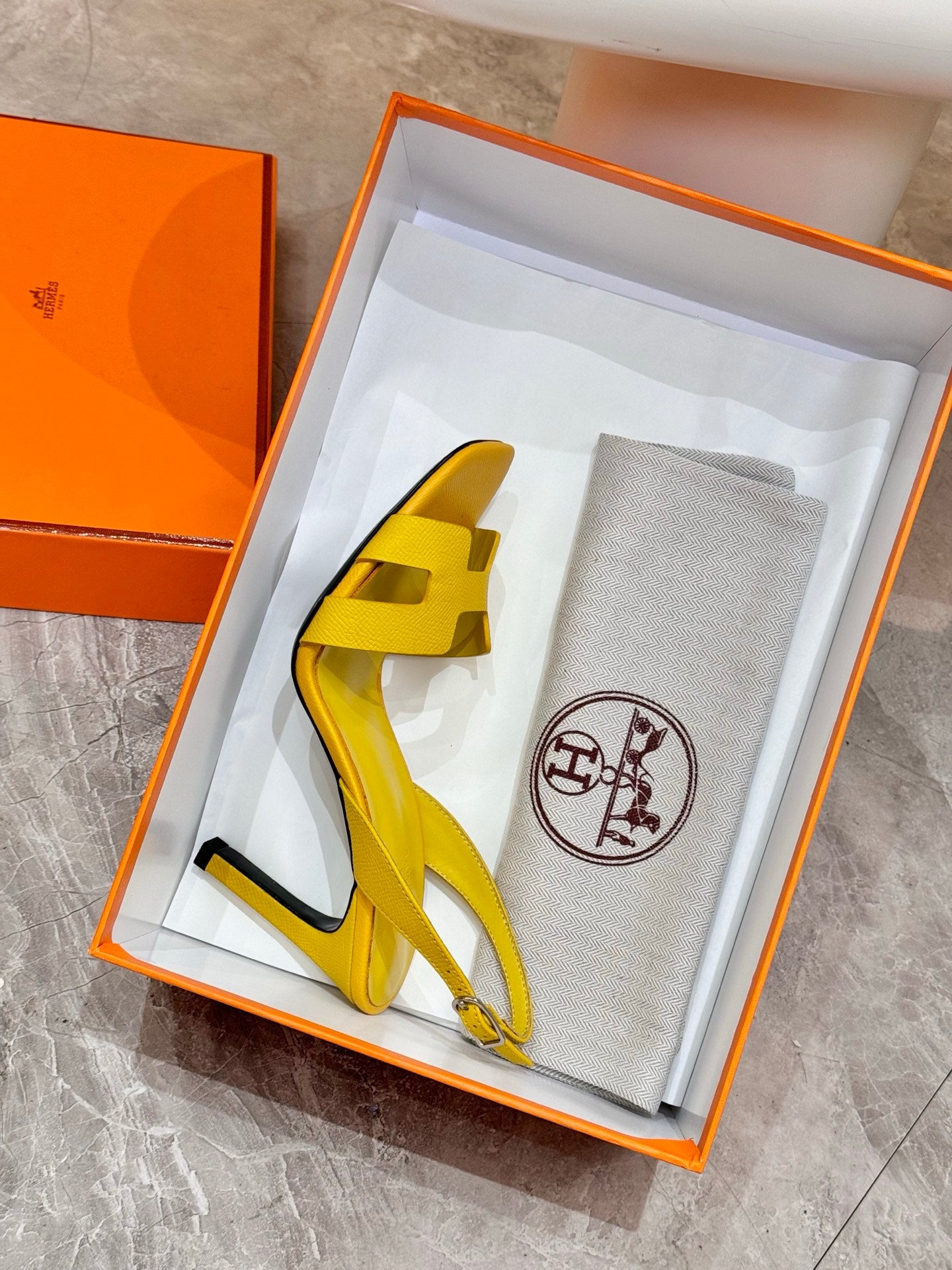 Hermes yellow leather heeled sandals in a box with matching dust bag
