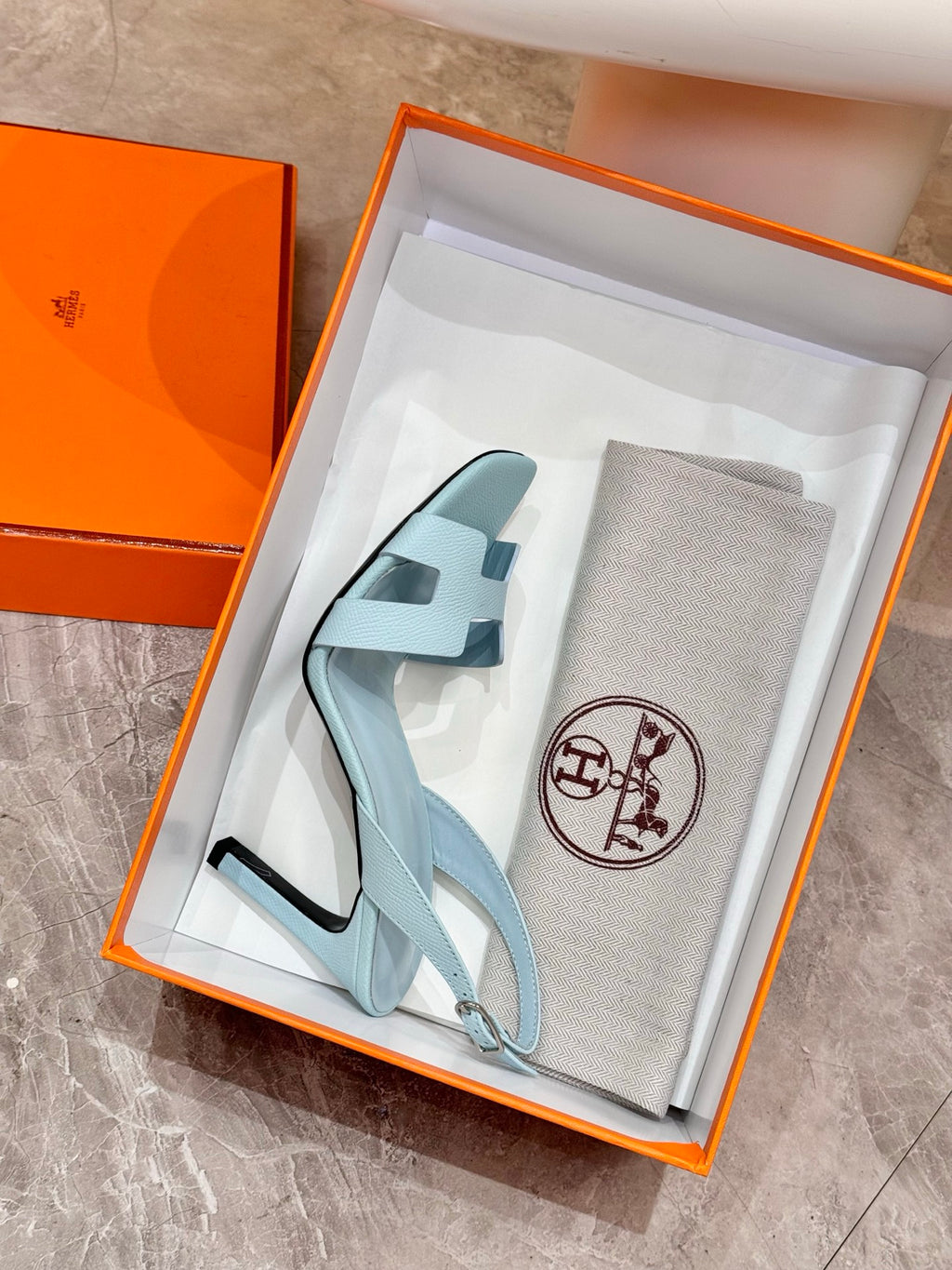 Hermes light blue heeled sandals in gift box with matching dust bag