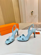 Hermes light blue slingback heeled sandals with square toe and T-strap design
