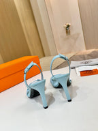 Hermes light blue slingback heeled sandals with open back and adjustable ankle strap
