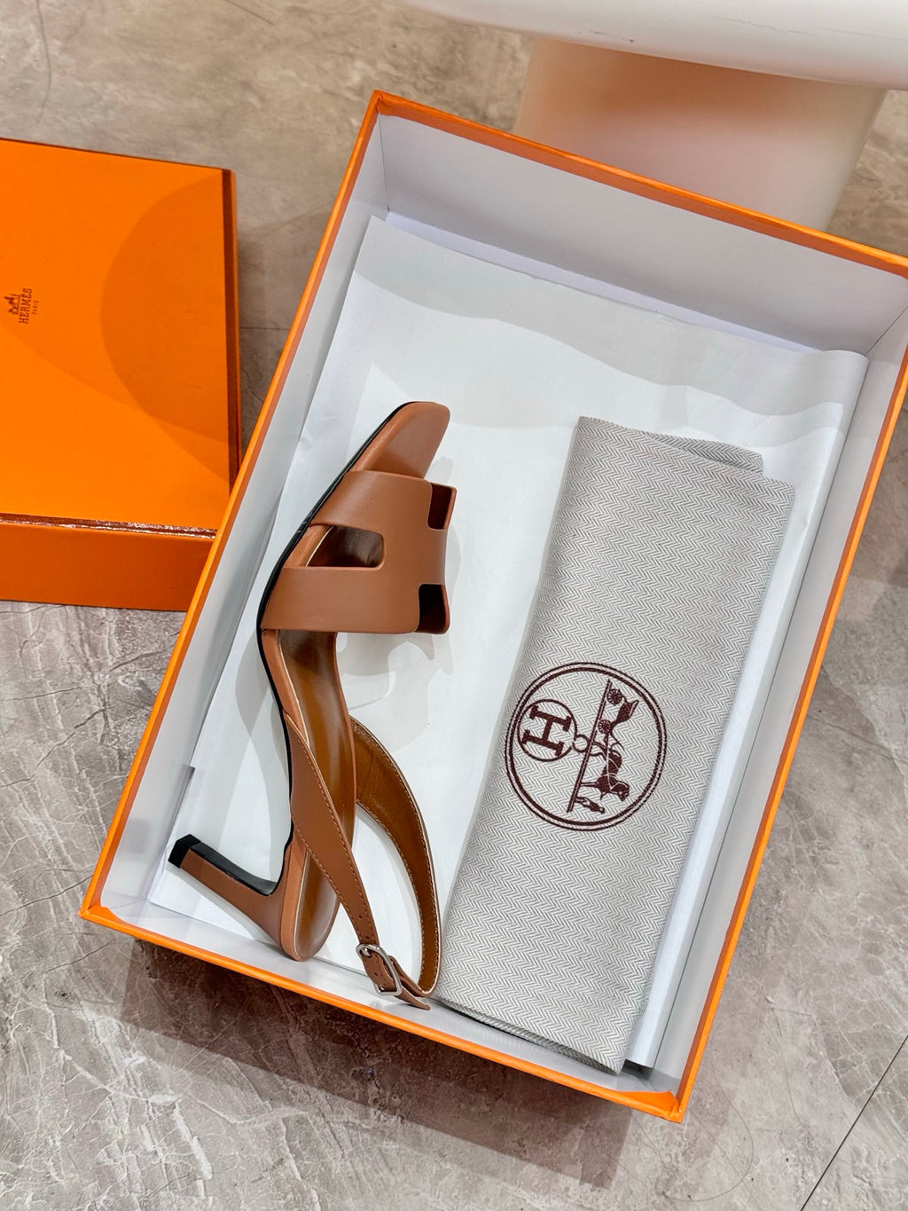 Hermes women's tan leather heeled sandals with T-strap, open toe, dust bag included