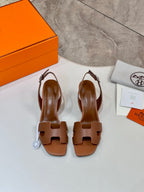 Hermes women's tan leather heeled sandals, open toe and T-strap