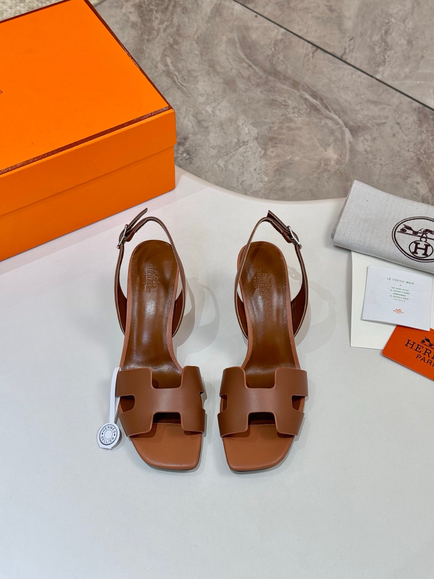 Hermes women's tan leather heeled sandals, open toe and T-strap