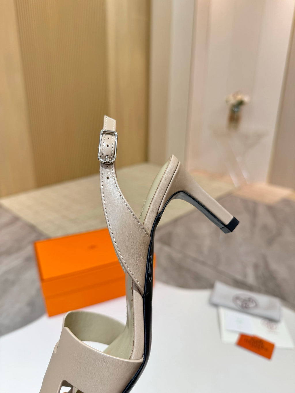 Hermes ladies heeled slingback sandal in light beige with ankle strap and tall heel