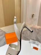 Hermes ladies heeled slingback sandal in light beige with ankle strap and tall heel