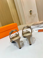 Hermes ladies heeled sandals in light beige, open toe, ankle strap, sculpted heel